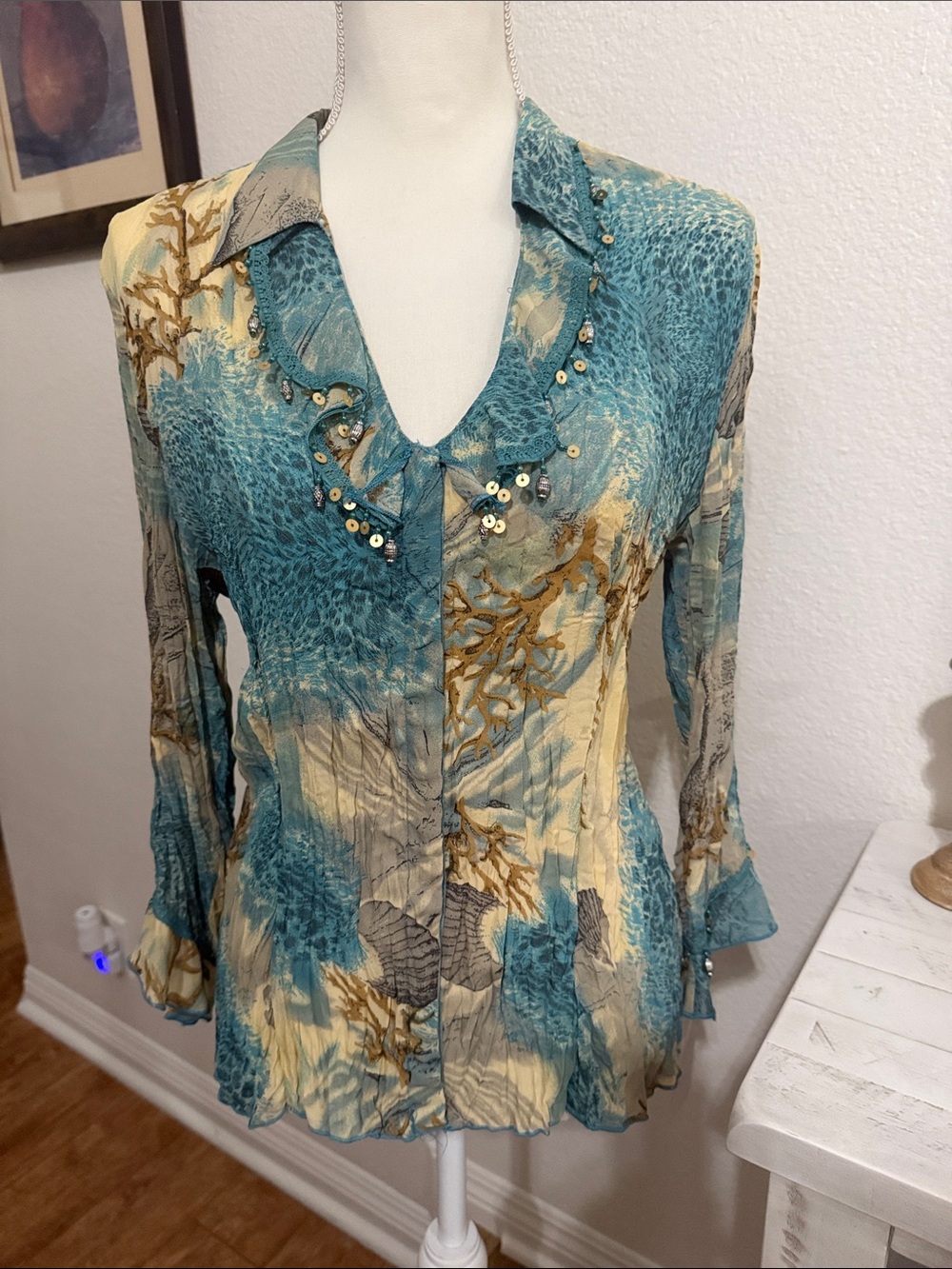 Vintage Y2K Fairycore Teal/Cream Chiffon Blouse with Embellished Neckline